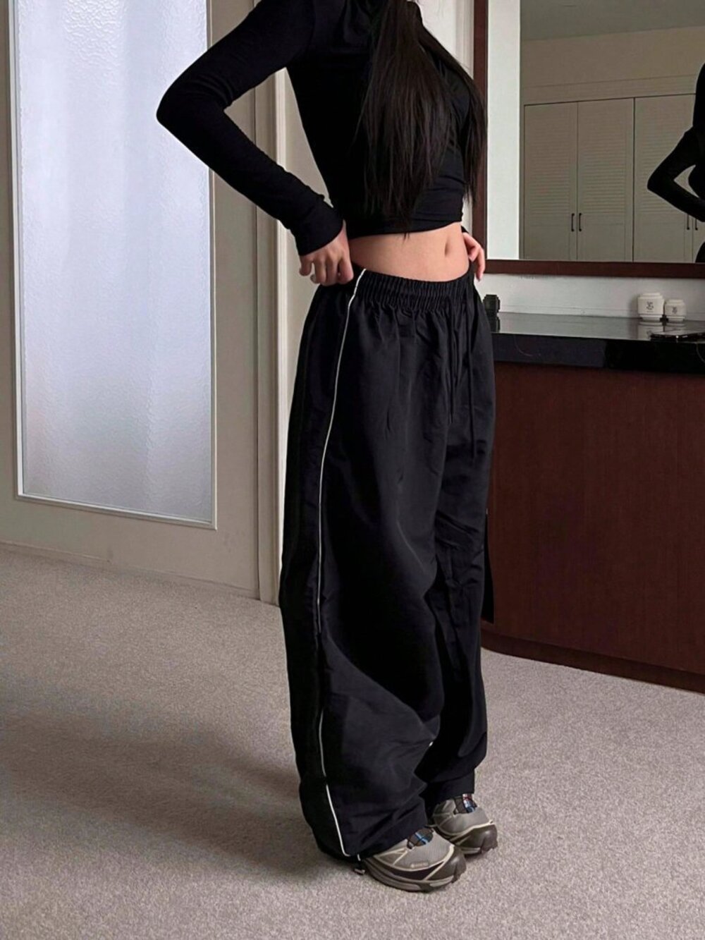 Black Casual Women's Loose Low Waist Baggy Long Pants - Picture 4 of 10